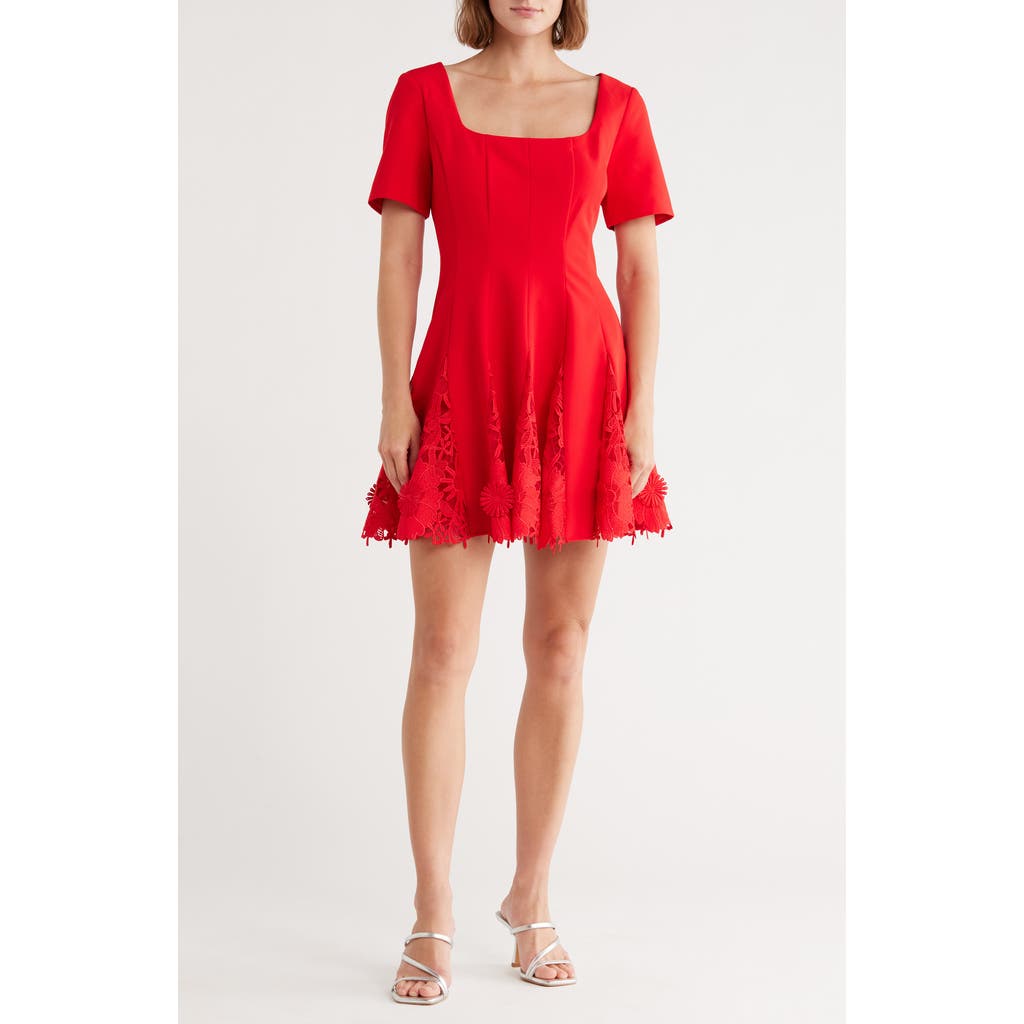 Milly Joy Short Sleeve Lace Godet Minidress In Red