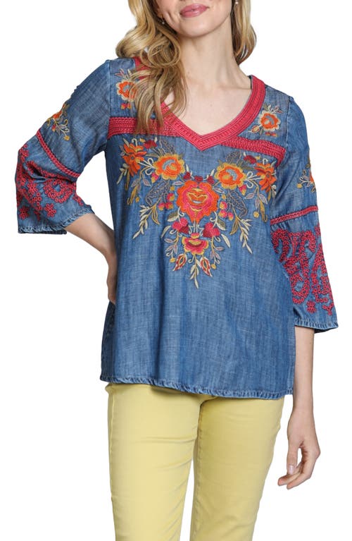 Apny Floral Embroidered Denim Top In Indigo