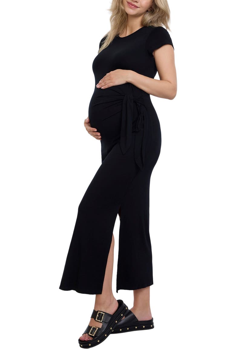 MOTHERHOOD MATERNITY Crew Neck Short Sleeve Side Tie Maternity Midi Dress, Alternate, color, Black