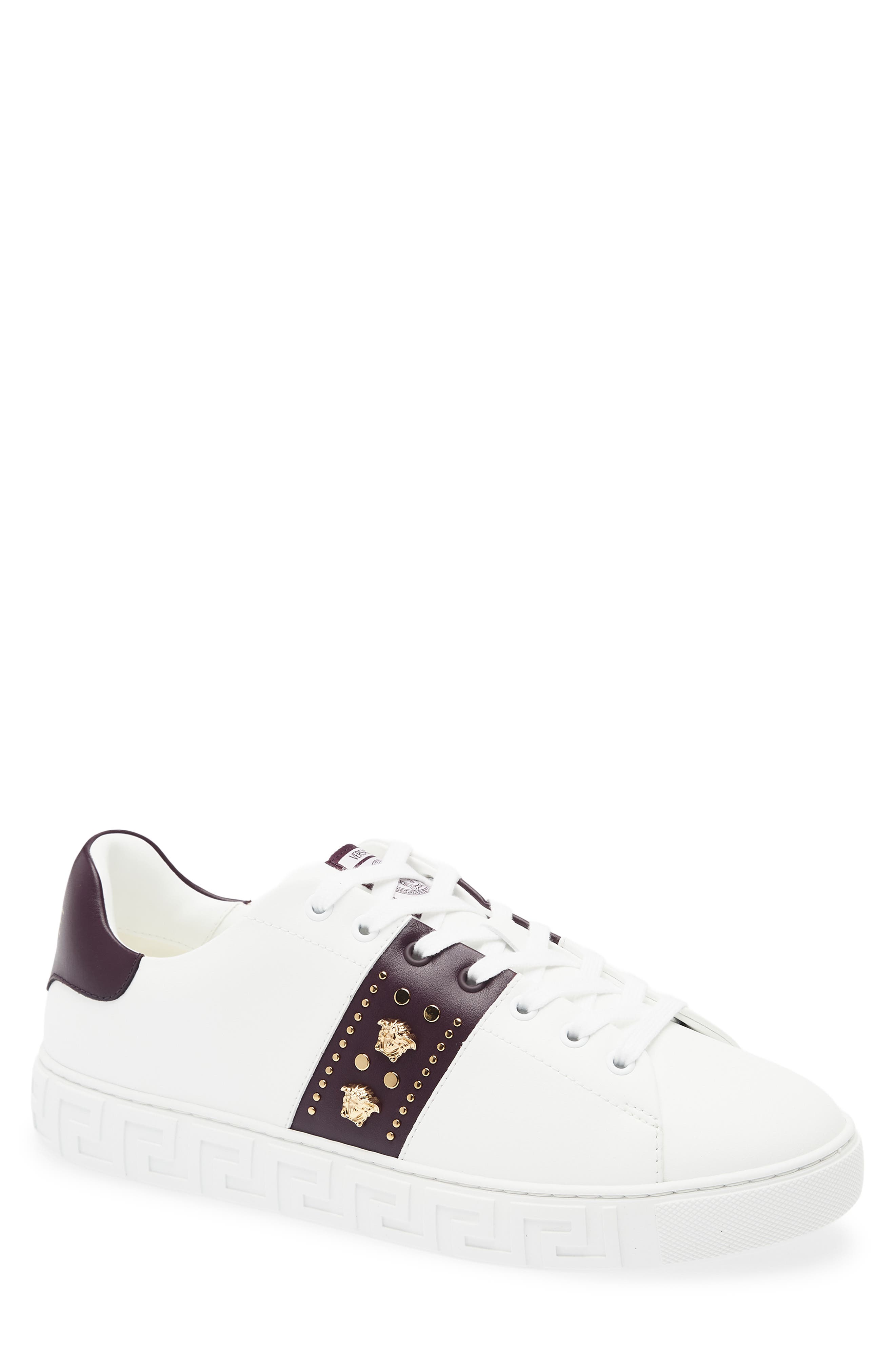 Versace Studded Greca Sneaker, Main, color, White Mulberry Gold