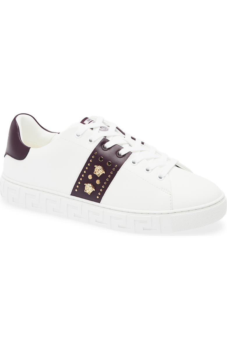 Versace Studded Greca Sneaker, Main, color, White Mulberry Gold