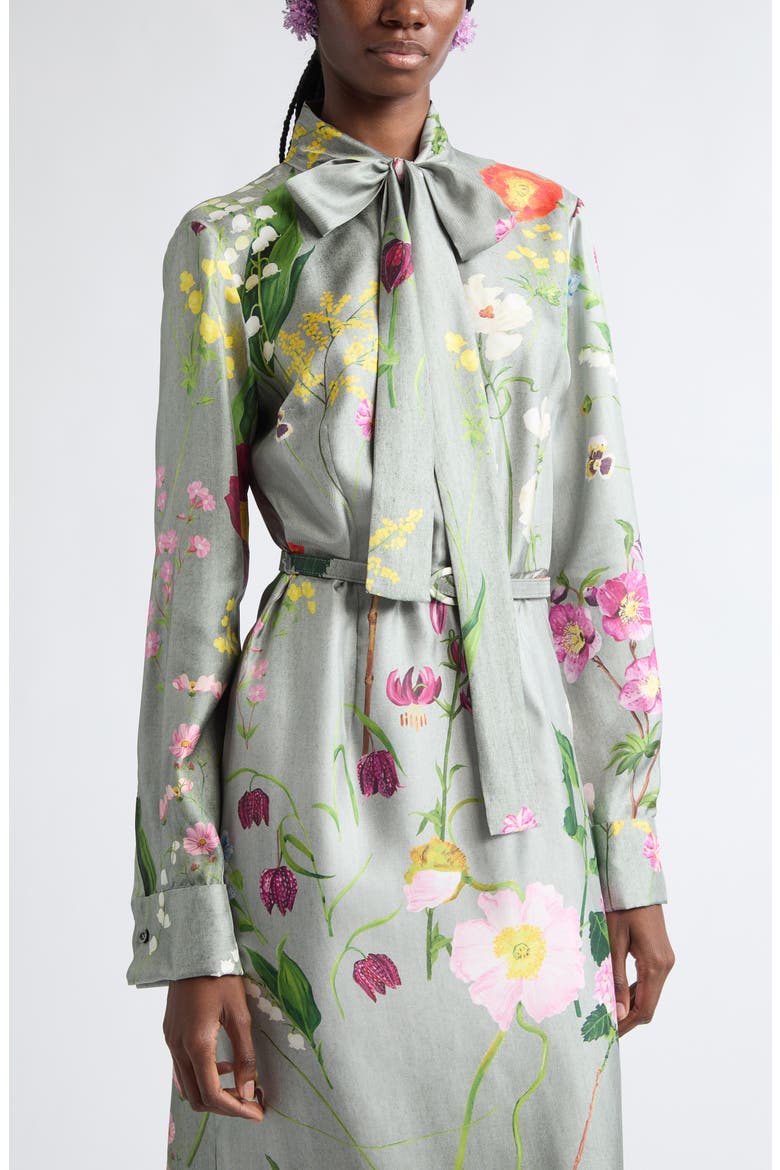 Floral Print Long Sleeve Silk Midi Dress, Alternate, color, GREY MULTI