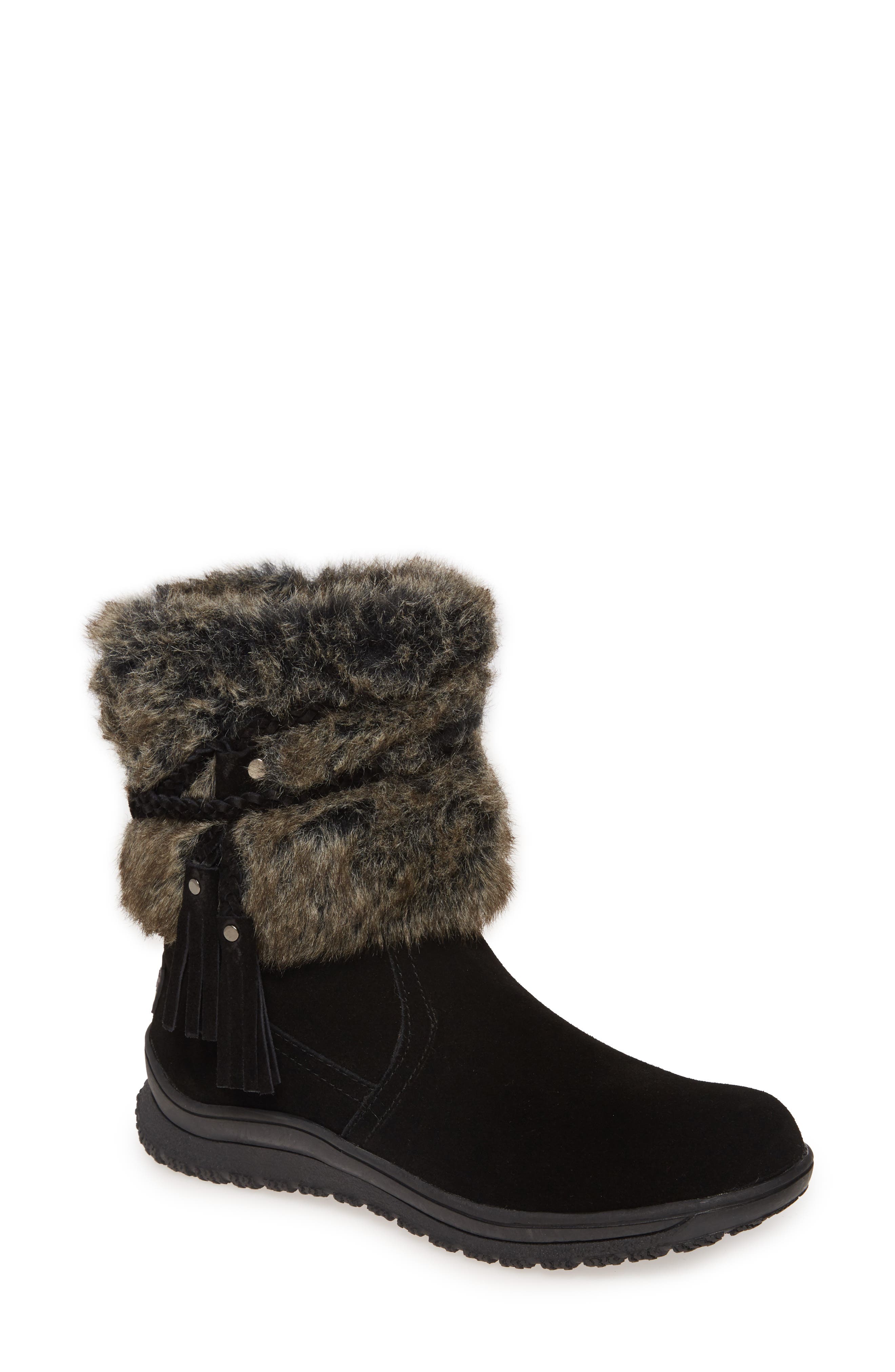 Minnetonka Everett Water Resistant Suede & Faux Fur Boot, Main, color, Black Suede/ Faux Fur