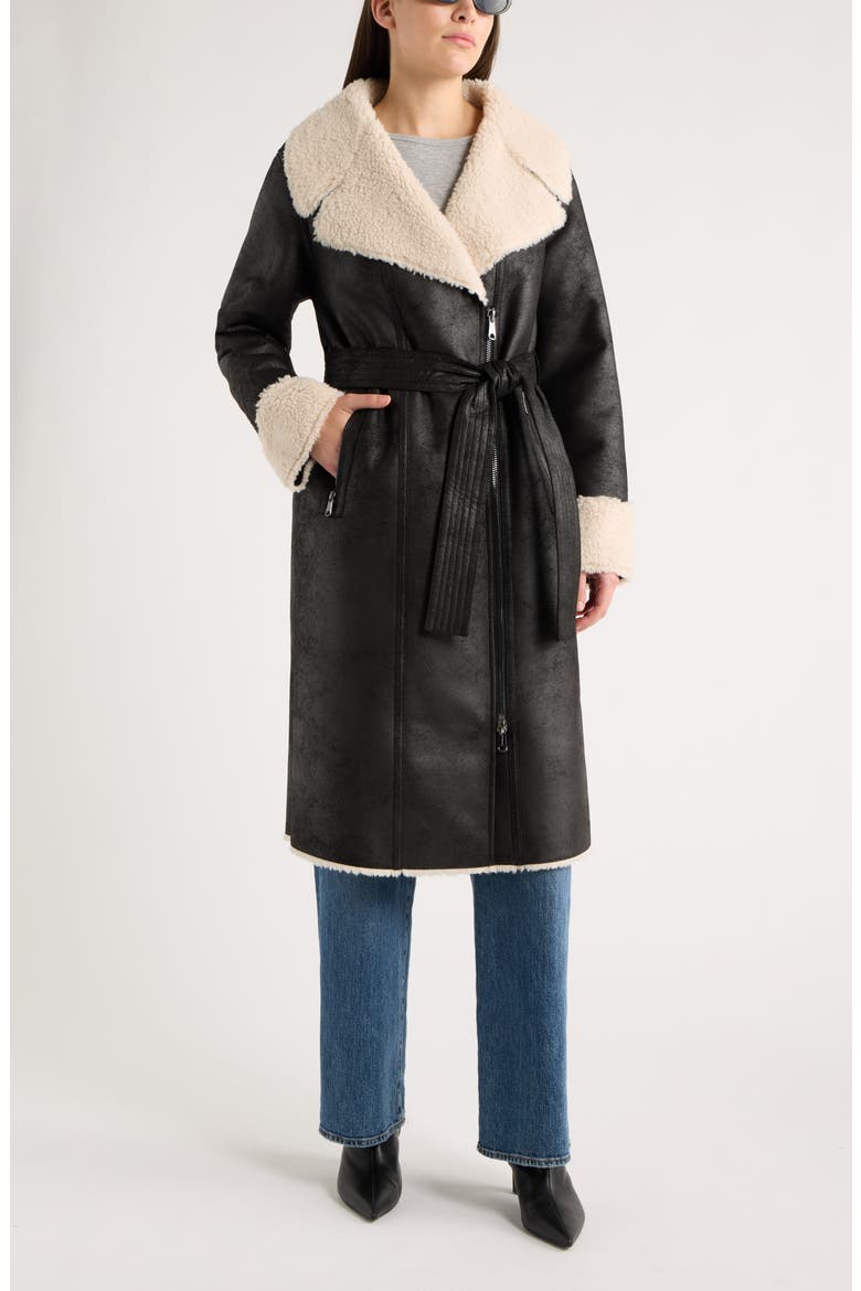 Belted Faux Shearling Coat, Main, color, BLACKCREAM