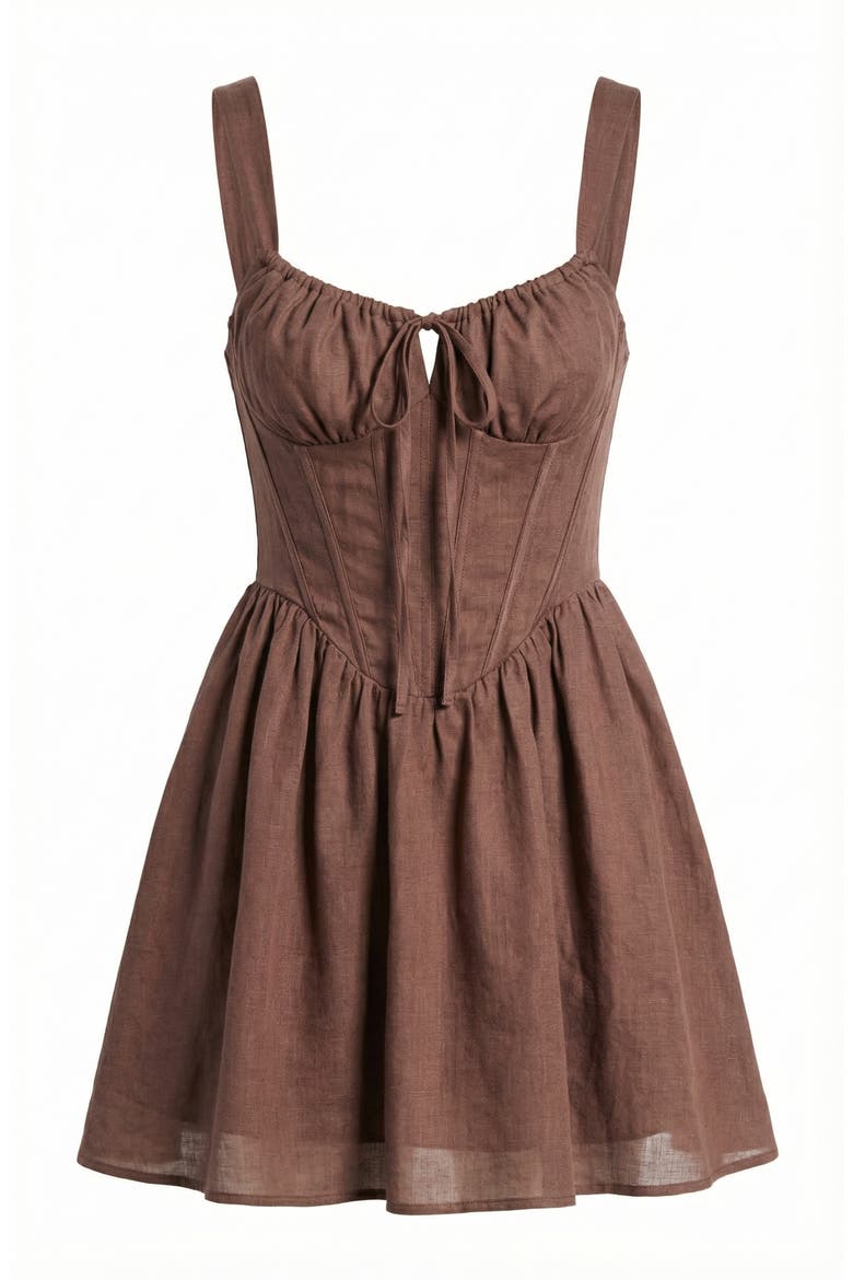 Sweetheart Corset Bodice Gathered Bust Flared Skirt Mini Dress, Alternate, color, Brown