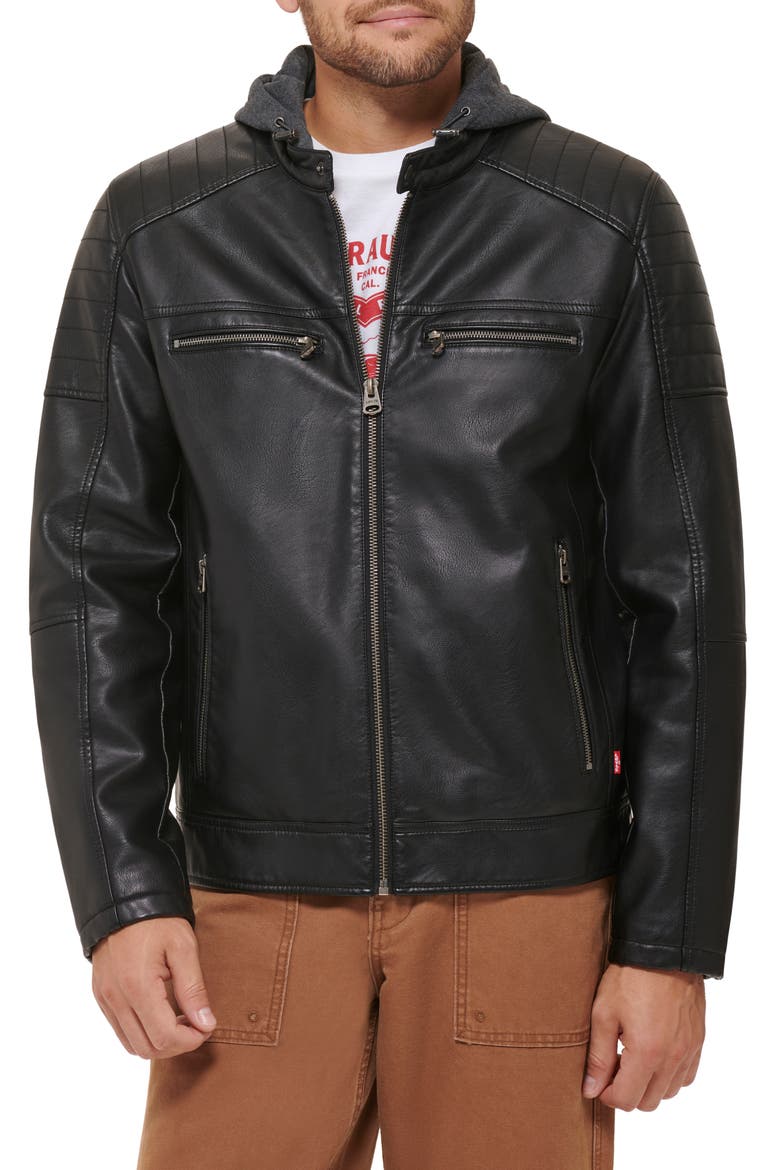 Faux Leather Hooded Moto Racer Jacket, Main, color, BLACK