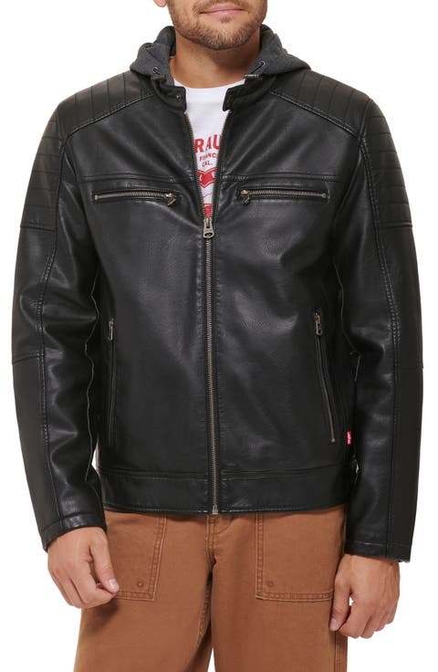 Faux Leather Hooded Moto Racer Jacket
