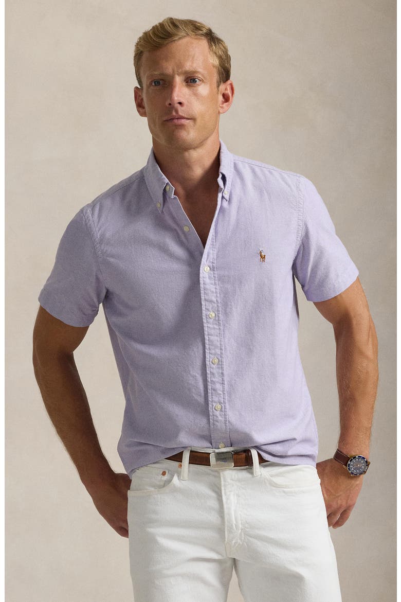 Classic Fit Solid Purple Short Sleeve Button-Down Oxford Shirt, Alternate, color, THISTLE