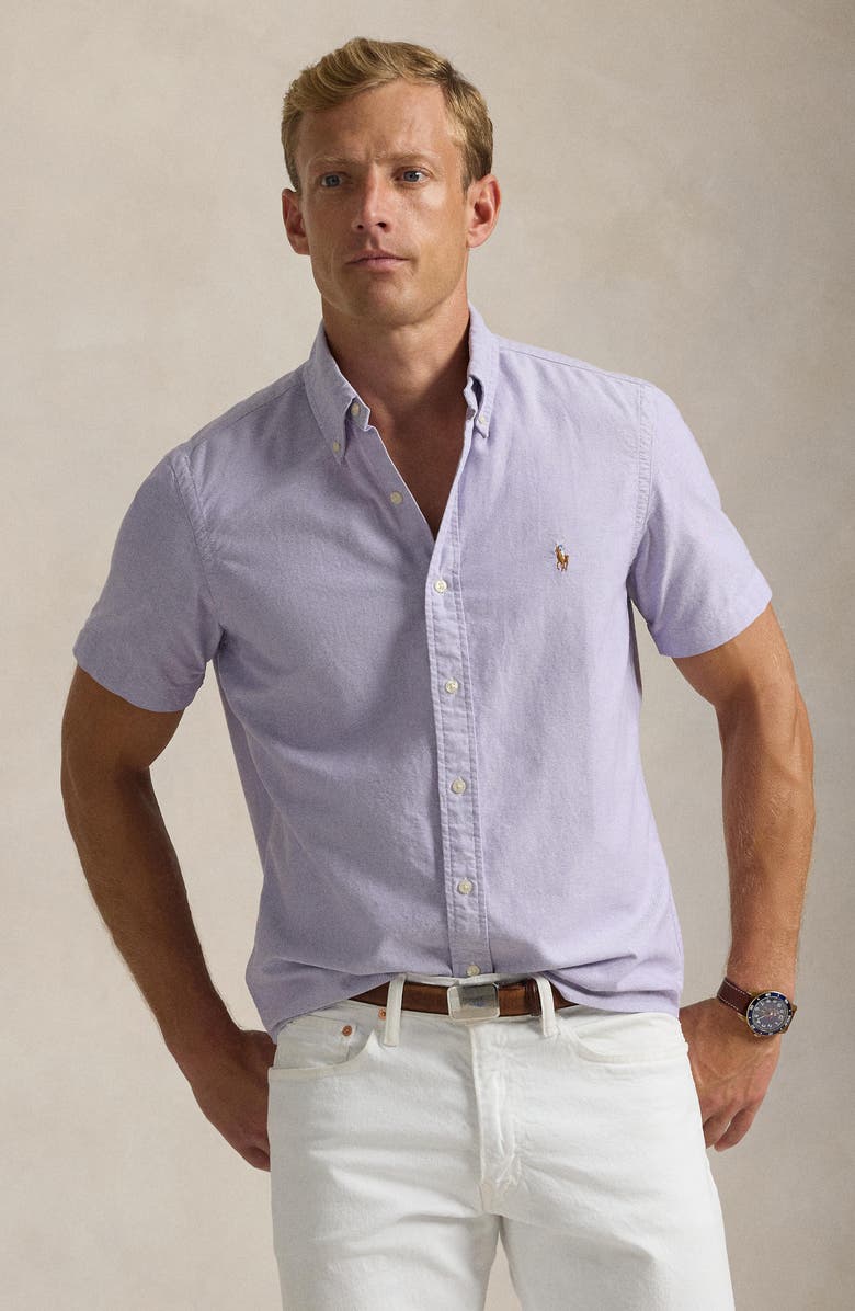 Polo Ralph Lauren Classic Fit Solid Purple Short Sleeve Button-Down Oxford Shirt, Alternate, color, 