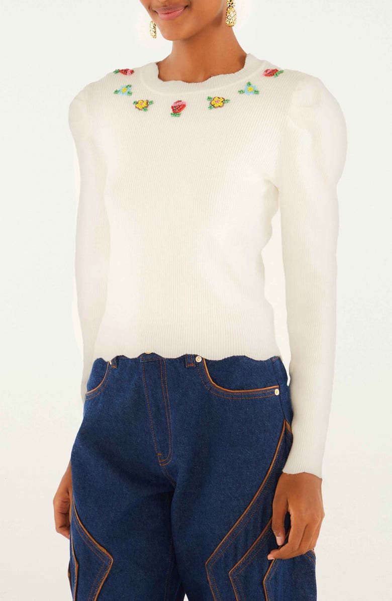 FARM Rio Flower Embroidered Sweater, Main, color, Off-White