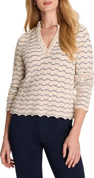 NIC+ZOE Scalloped Tuck Stitch Cotton Crop Sweater