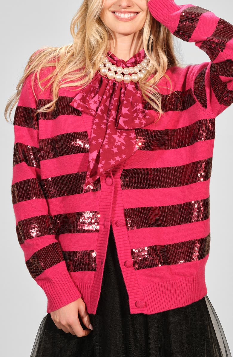 Isaac Mizrahi New York Stripe Sequin Cardigan, Main, color, Cabaret/ Burgundy