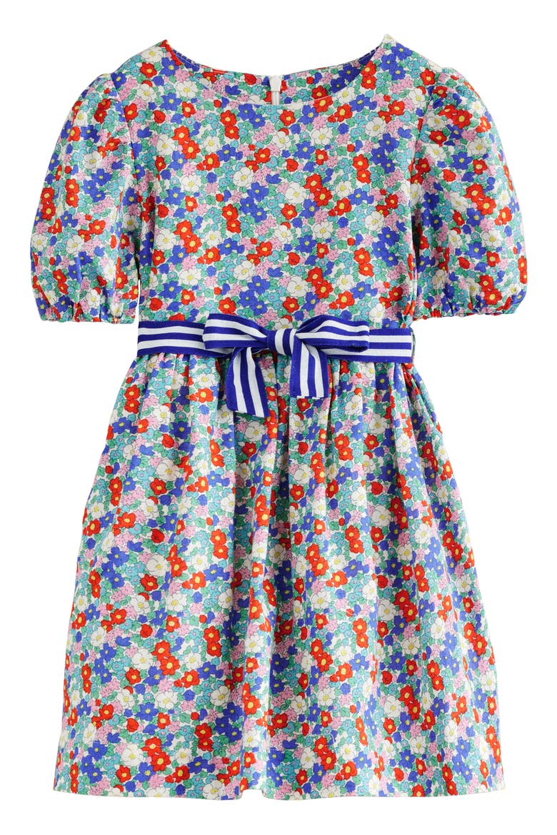 Kids' Floral Linen & Cotton Puff Sleeve Dress, Main, color, MULTI NAUTICAL FLORAL