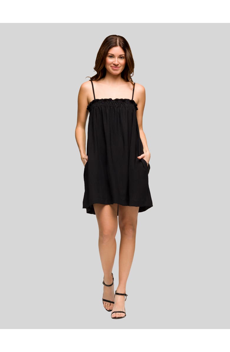 24seven Comfort Apparel Square Neck Spaghetti Strap Smocked Pocket Mini Dress, Main, color, Black
