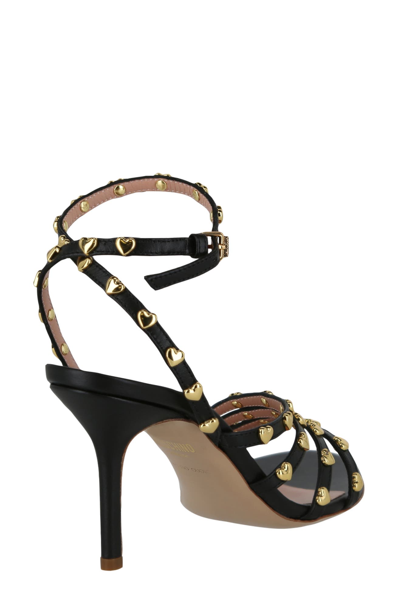 Moschino Heart Studded Sandal, Alternate, color, Black