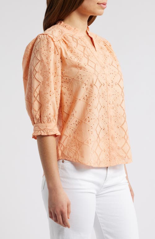 Wit & Wisdom Embroidered Eyelet Button-up Shirt In Peach Fuzz