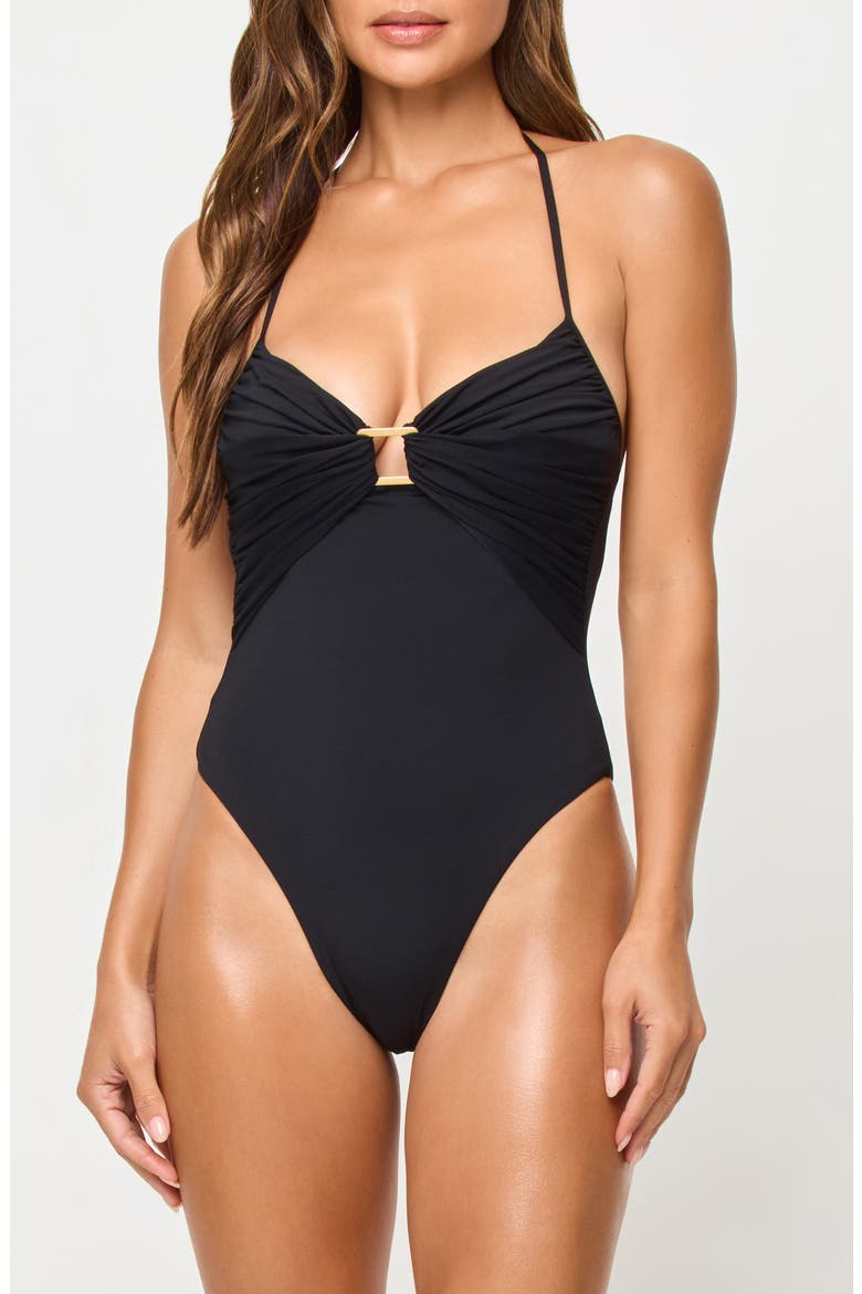 Fifi Shirred One-Piece Swimsuit, Main, color, BLACK