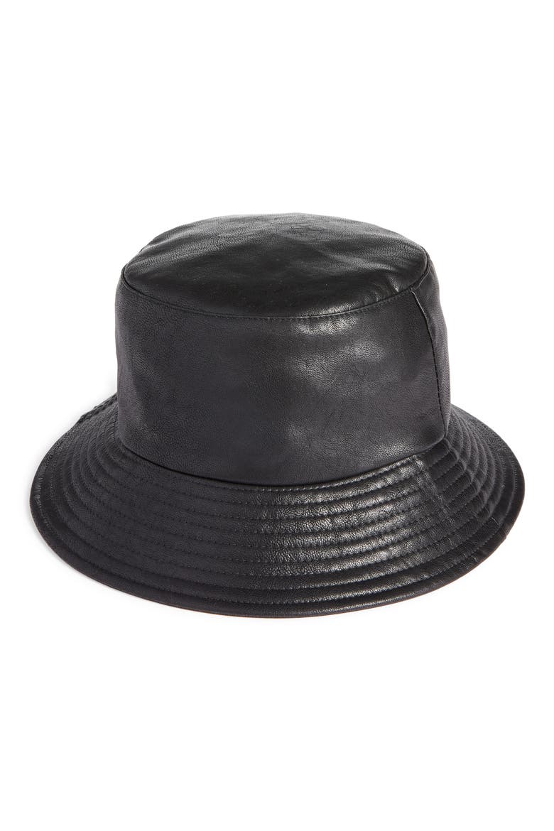 Faux Leather Bucket Hat, Main, color, BLACK