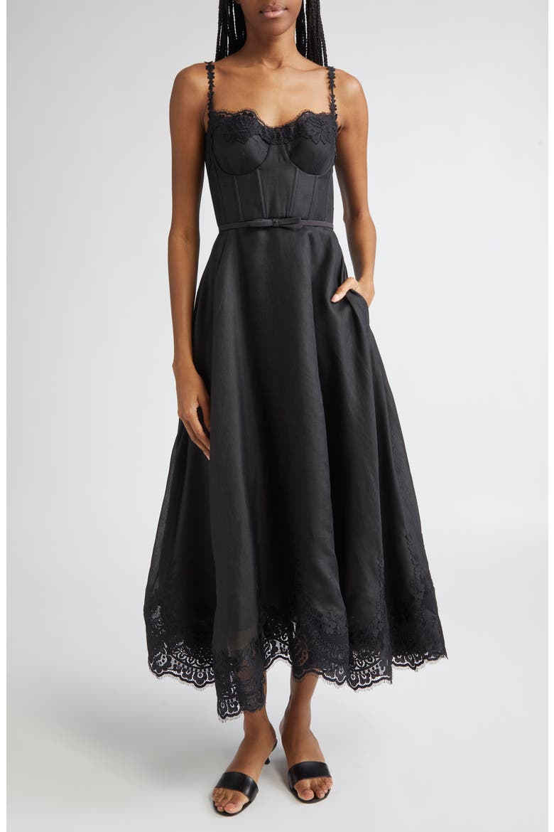 Hypnotic Lace Trim Corset Dress, Main, color, BLACK