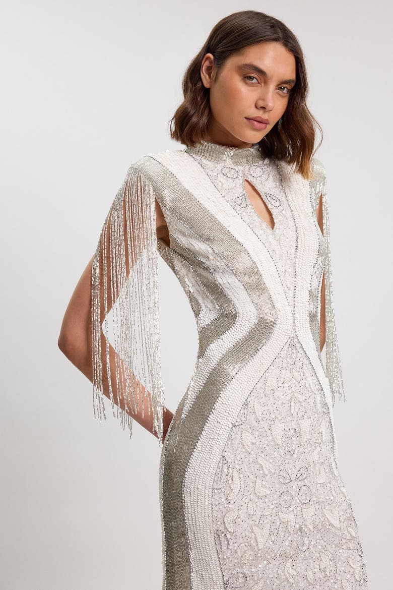 Tassel Sleeve High Neck Maxi Dress, Alternate, color, Ivory
