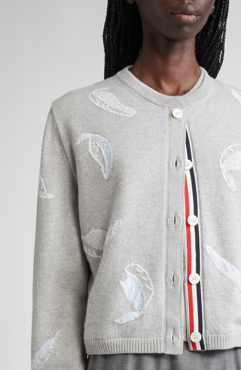 Thom Browne Feather Intarsia Cashmere Cardigan, Alternate, color, Pale Grey