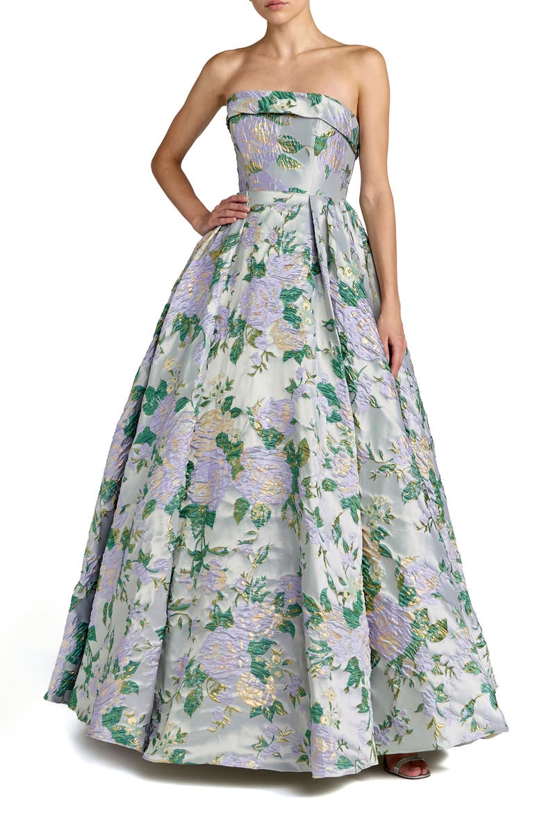 Multicolor Floral Strapless Brocade Ballgown, Main, color, Lilac Multi