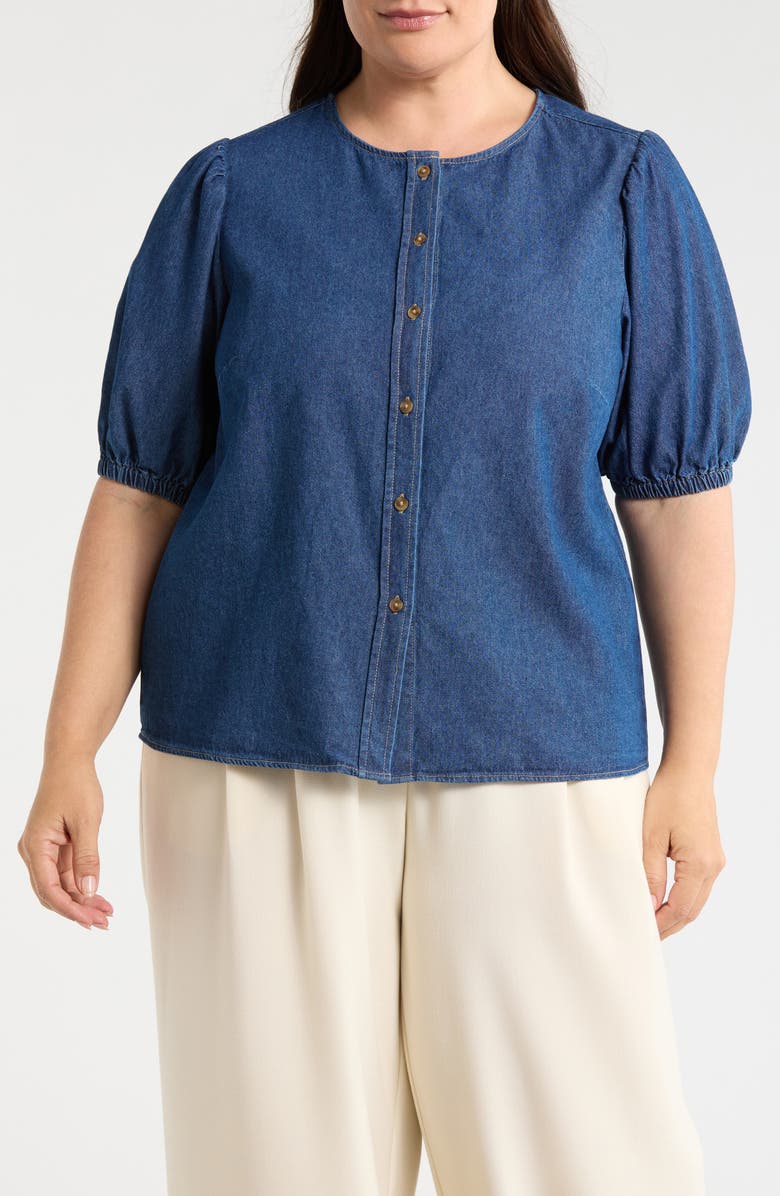 Anne Klein Puff Sleeve Denim Top, Main, color, Aries Wash