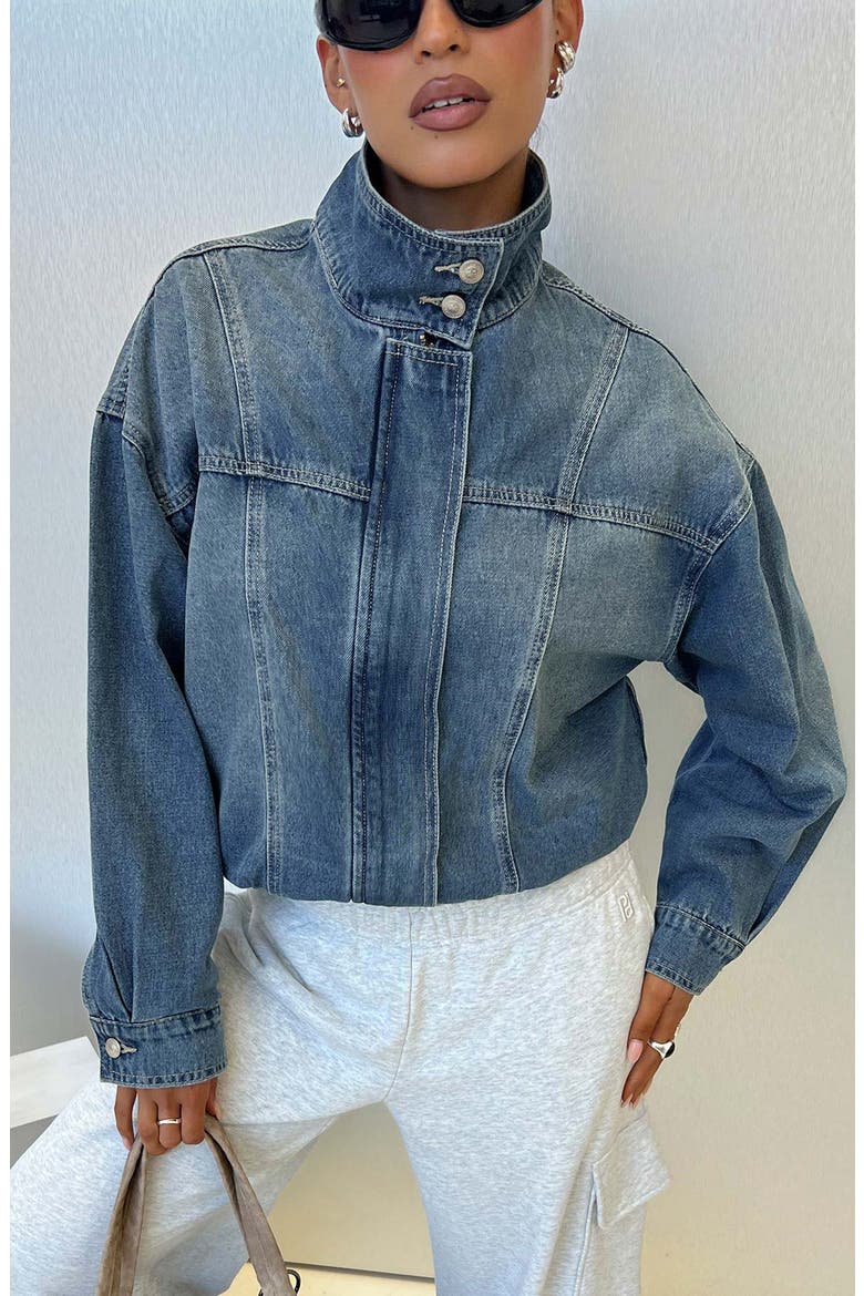Alfea Funnel Neck Denim Bomber Jacket, Alternate, color, MID BLUE WASH