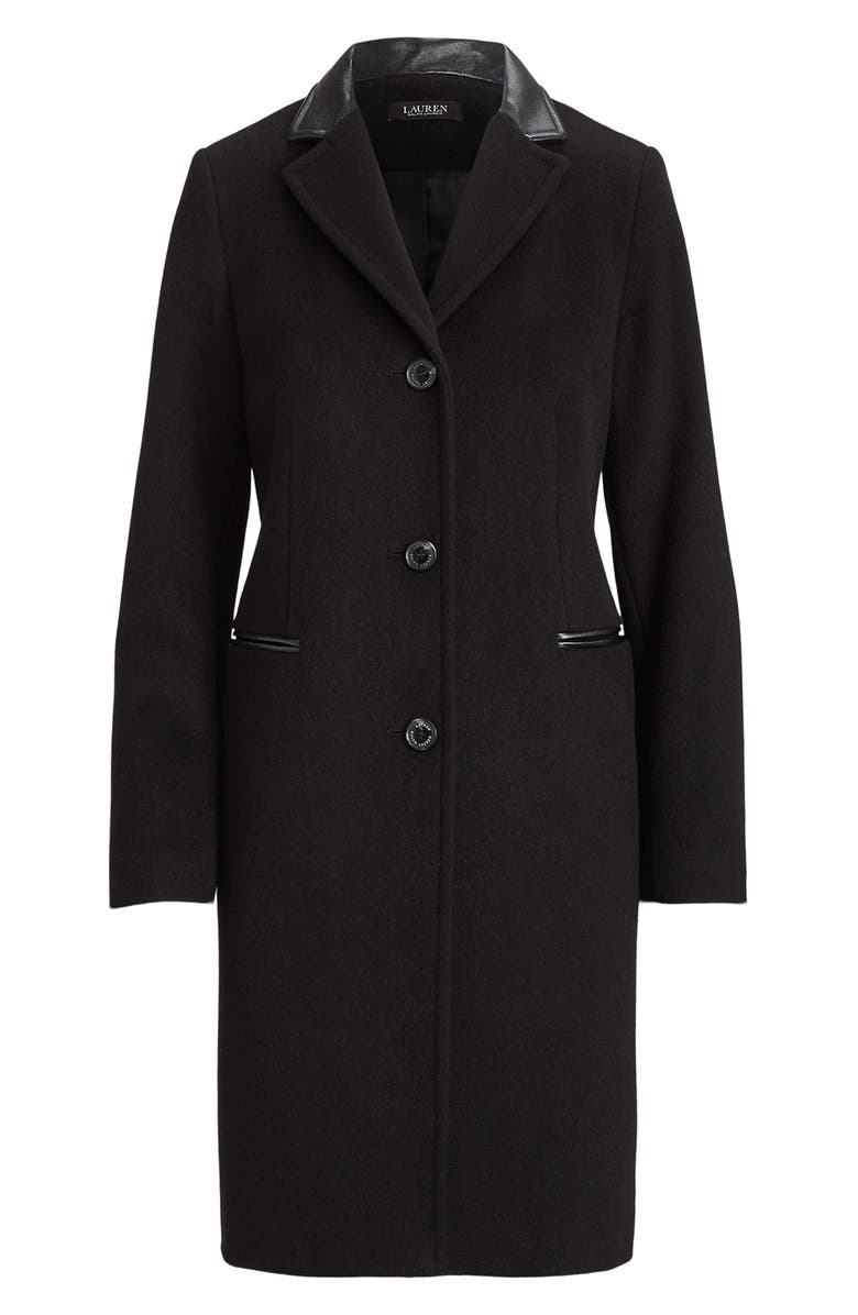 Lauren Ralph Lauren Faux Leather Trim Wool Blend Coat, Alternate, color,