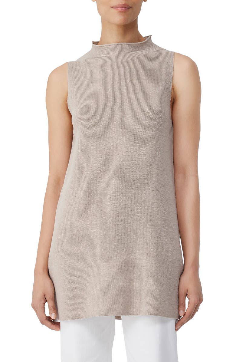 Eileen Fisher Sleeveless Funnel Neck Organic Linen & Cotton Sweater, Main, color, 