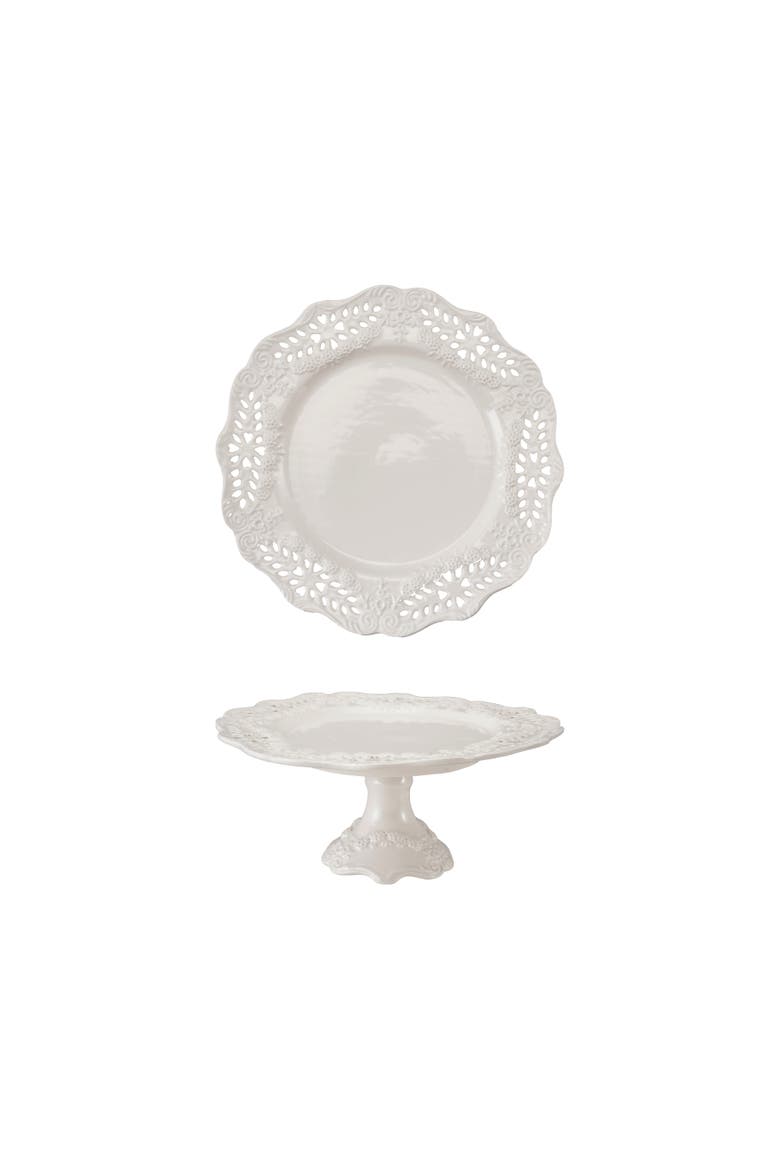 Scalloped Stoneware Pedestal with Pierced Lace Detail, Main, color, White