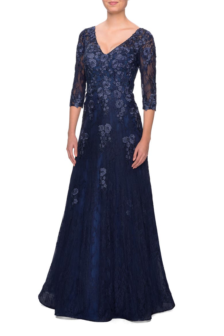 Embroidered Lace Gown, Alternate, color, NAVY