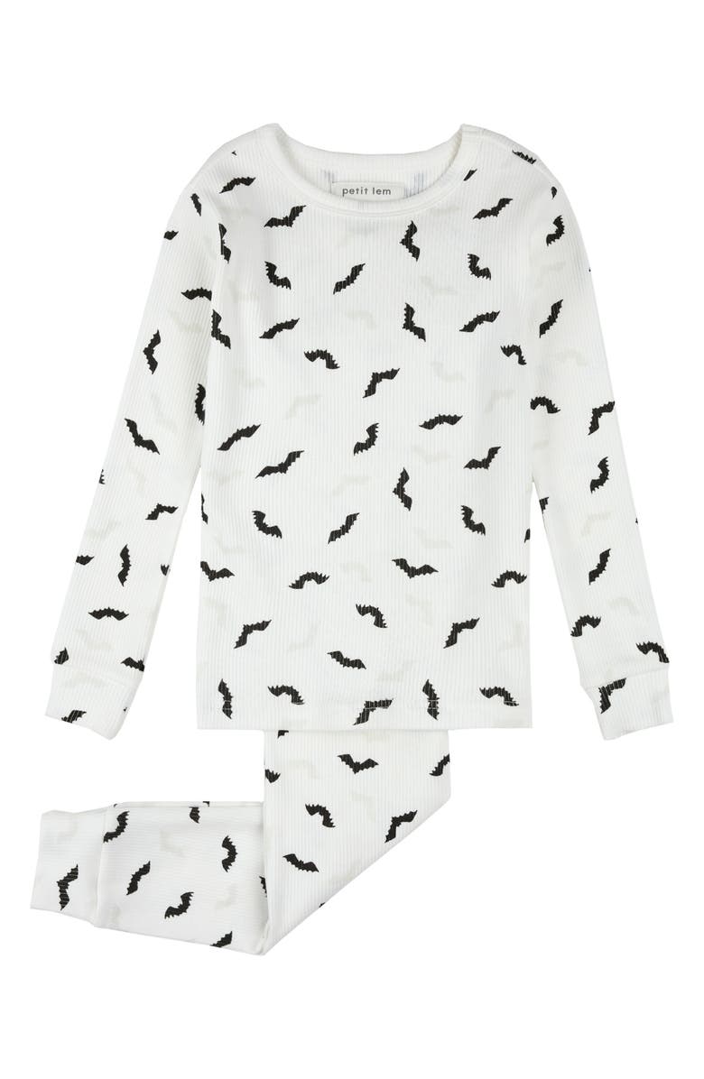 Petit Lem Kids' Bat Print Glow in the Dark Fitted Two-Piece Cotton Rib Pajamas, Main, color, Off White