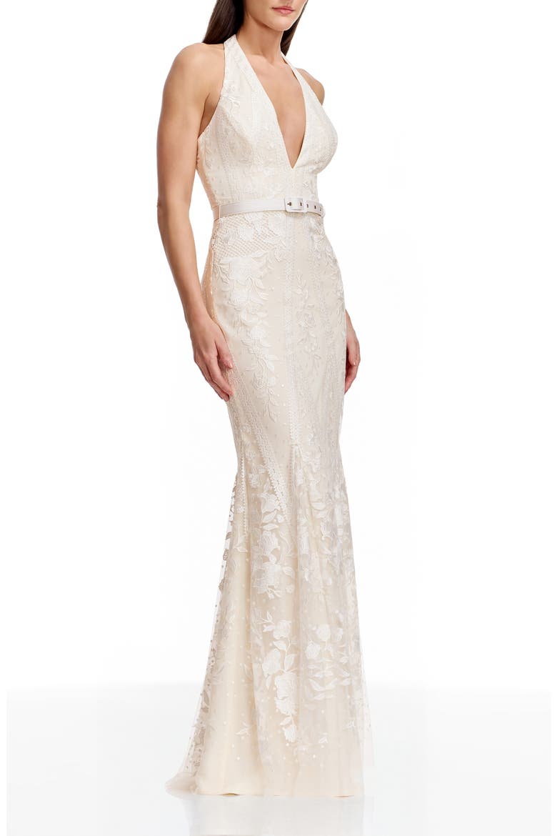 Devin Embroidered Lace Halter Evening Gown, Alternate, color, OFF WHITE