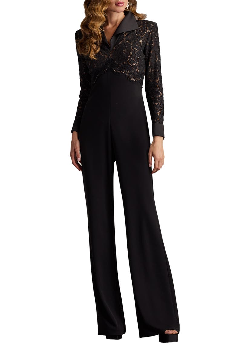 Cotton Blend Lace & Crepe Jumpsuit, Main, color, BLACK/ NUDE