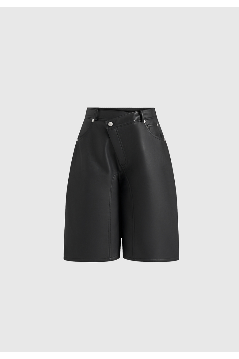 Hazel Leather Wrapover Bermuda Shorts, Alternate, color, Black