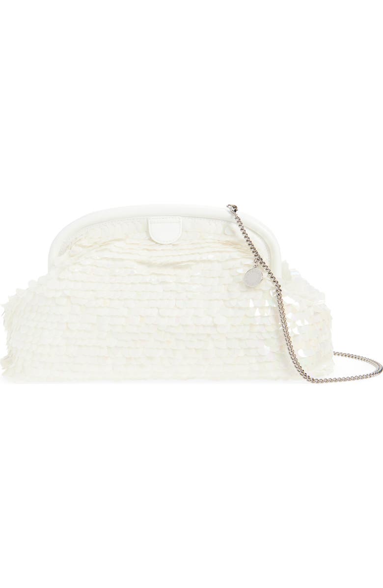 Stella McCartney Oversize Falabella Padded Soft Paillette Clutch with Chain, Main, color, White