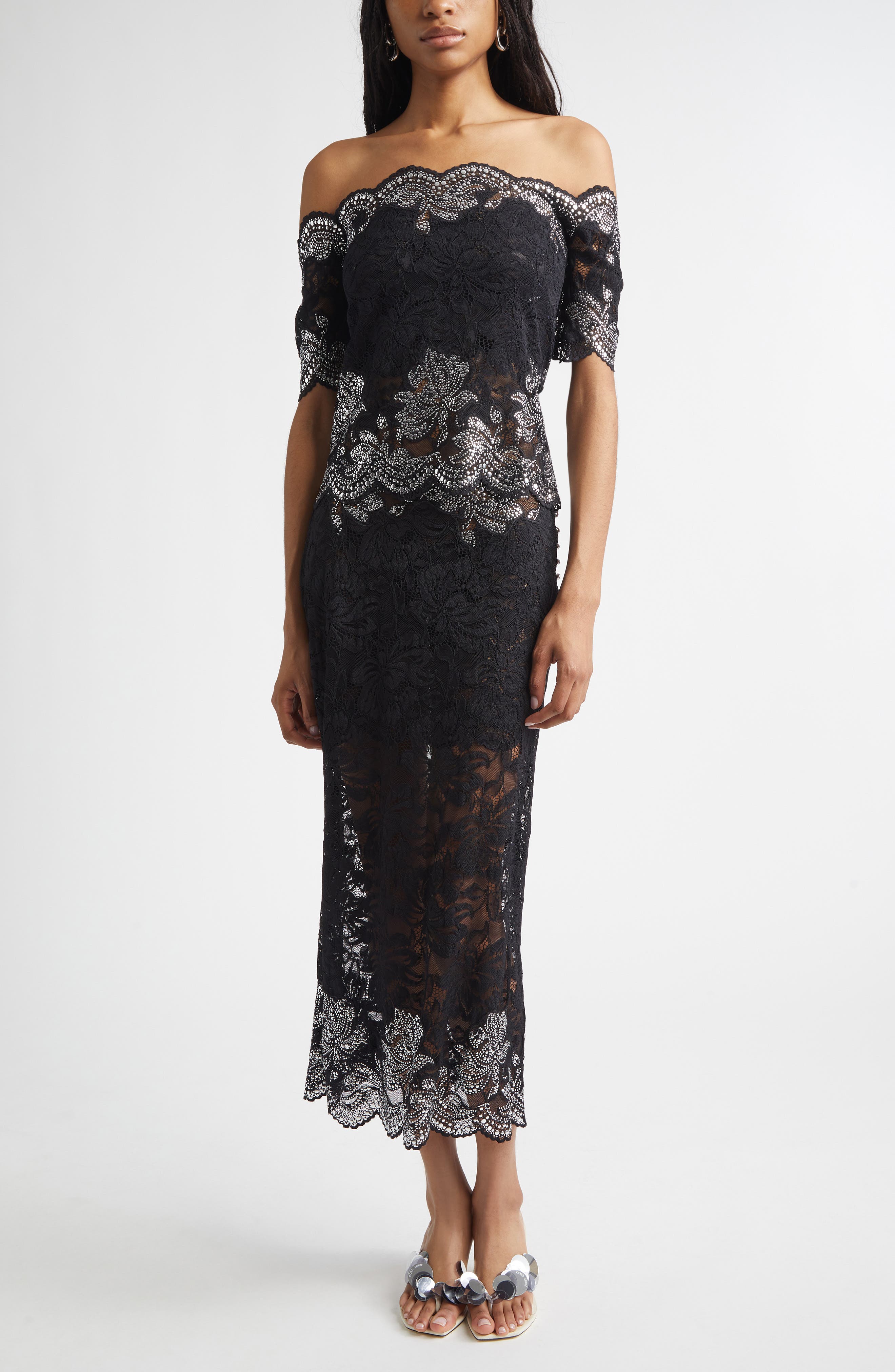 Stud Embellished Off the Shoulder Lace Top - image 2