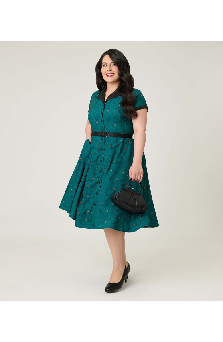 Unique Vintage Plus Size Collared Short Sleeved Belted Alexis Swing Dress, Alternate, color, Teal Raccoon Print