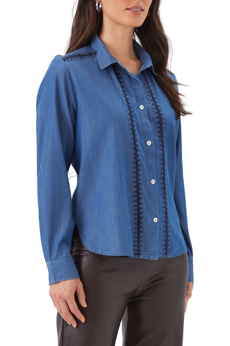 Crochet Trim Cotton Button Up Shirt, Alternate, color, DENIM