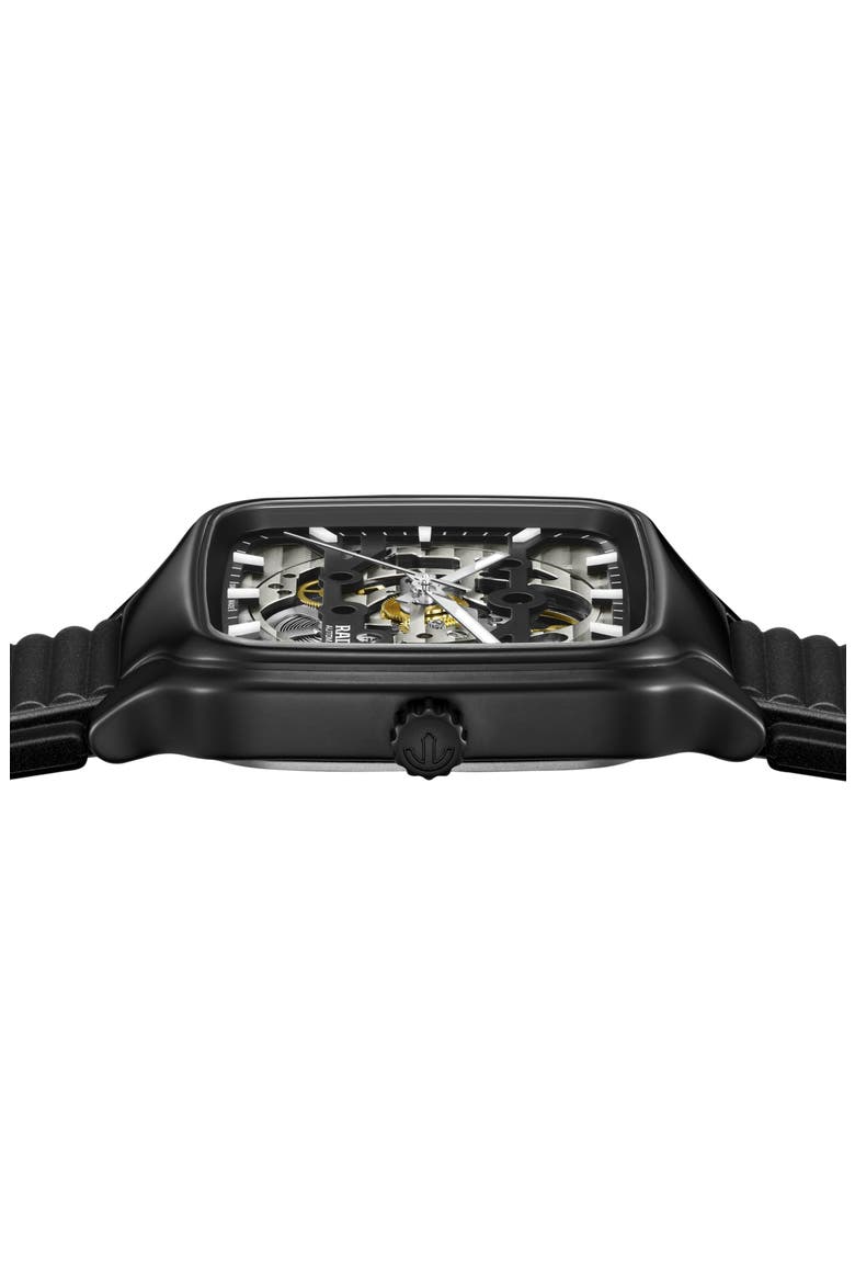 True Square Skeleton Automatic Rubber Strap Watch, 38mm, Alternate, color, BLACK