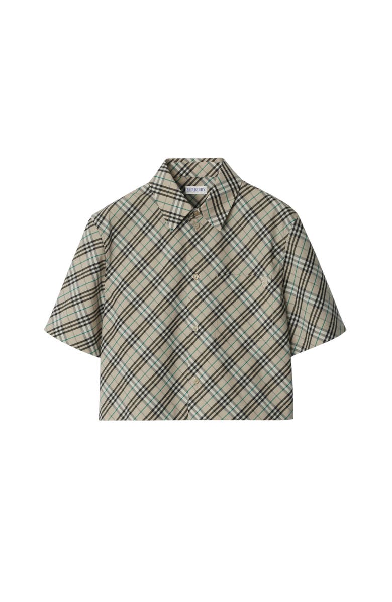 Burberry Cropped Check Cotton Shirt, Alternate, color, Husk