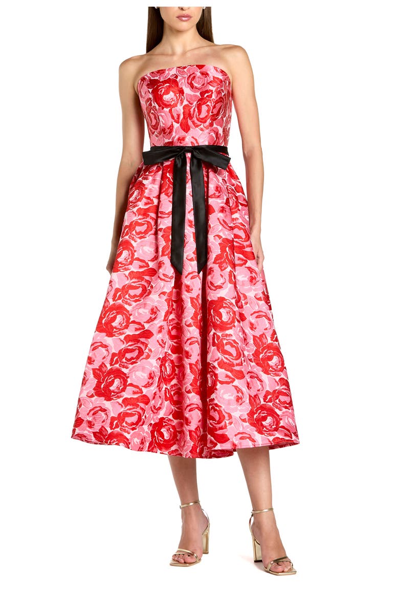 Mac Duggal Brocade Strapless A Line Midi Dress With Satin Bow, Main, color, Red Multi