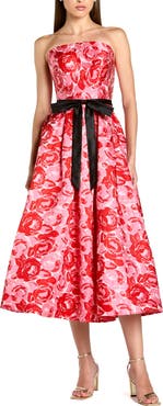 Mac Duggal Brocade Strapless A Line Midi Dress With Satin Bow