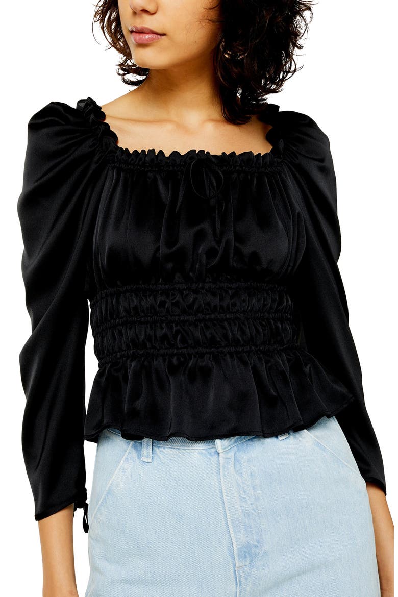 Satin Gather Prairie Blouse, Alternate, color, BLACK