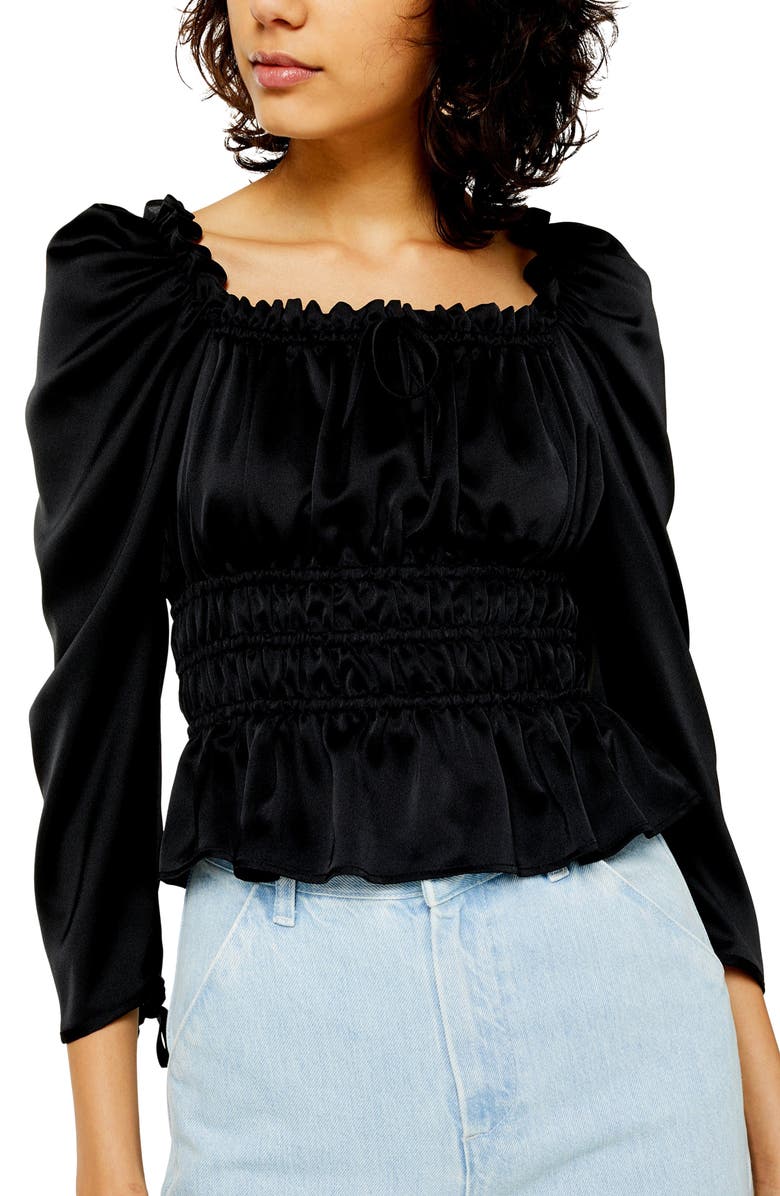 Topshop Satin Gather Prairie Blouse, Alternate, color, 