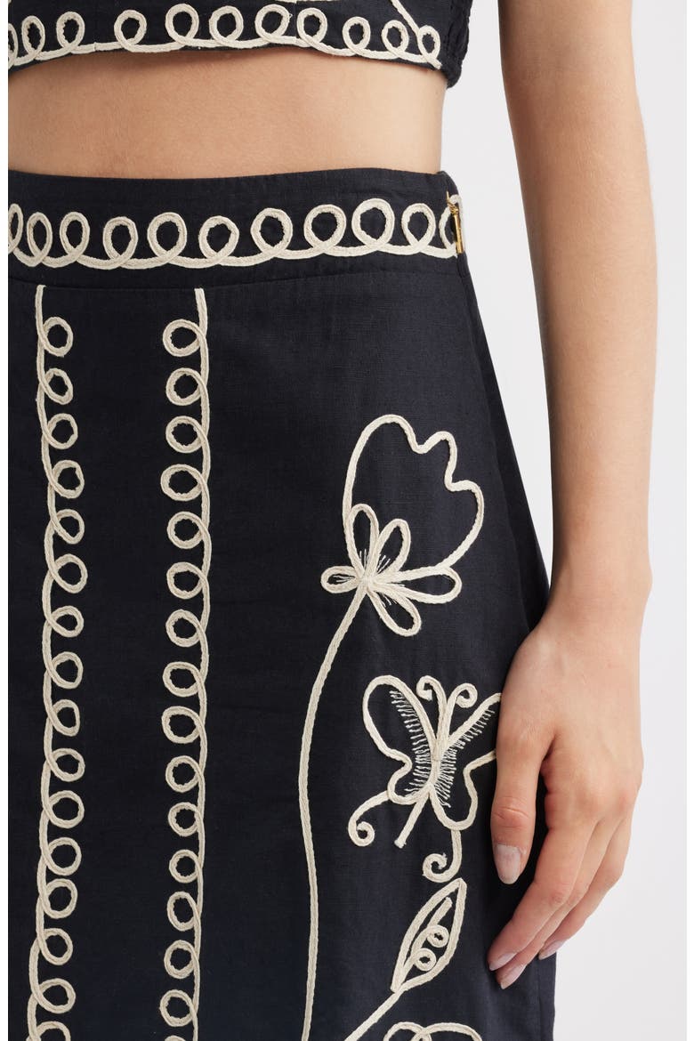 Sorina Embroidered Cotton & Linen Midi Skirt, Alternate, color, BLACK