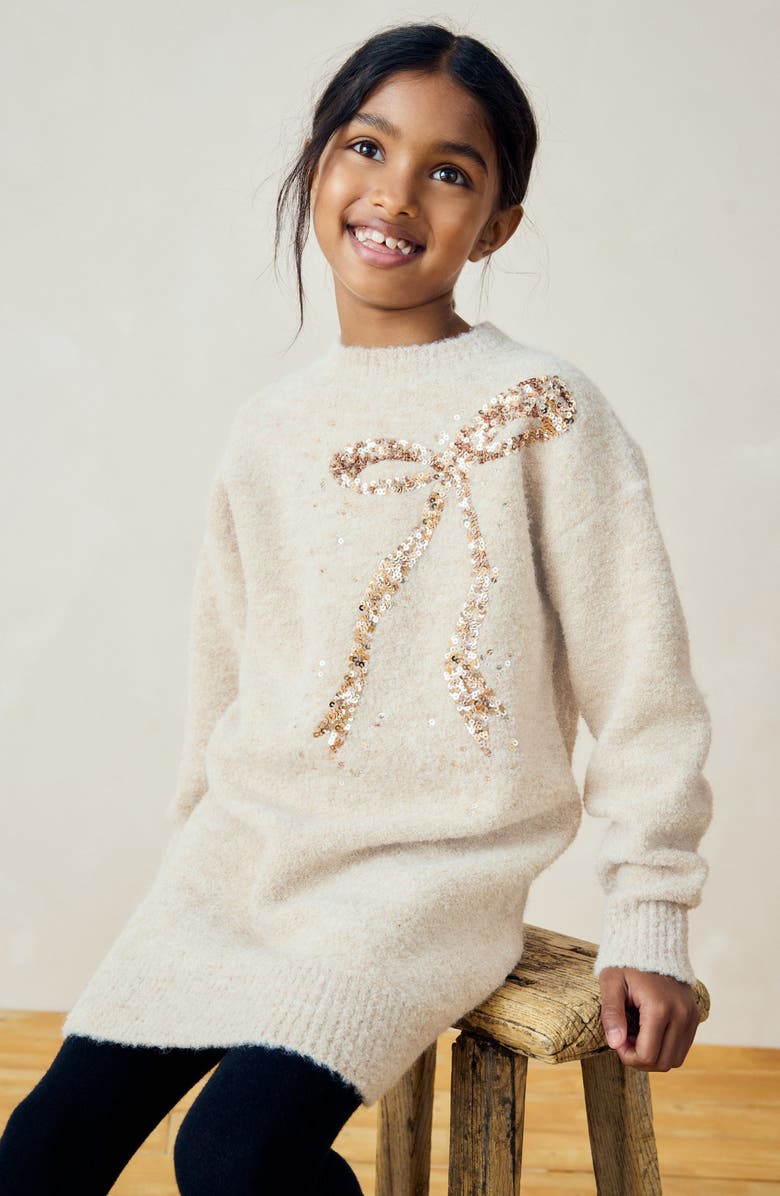 NEXT Kids' Sequin Bow Long Sleeve Sweater Dress, Alternate, color,
