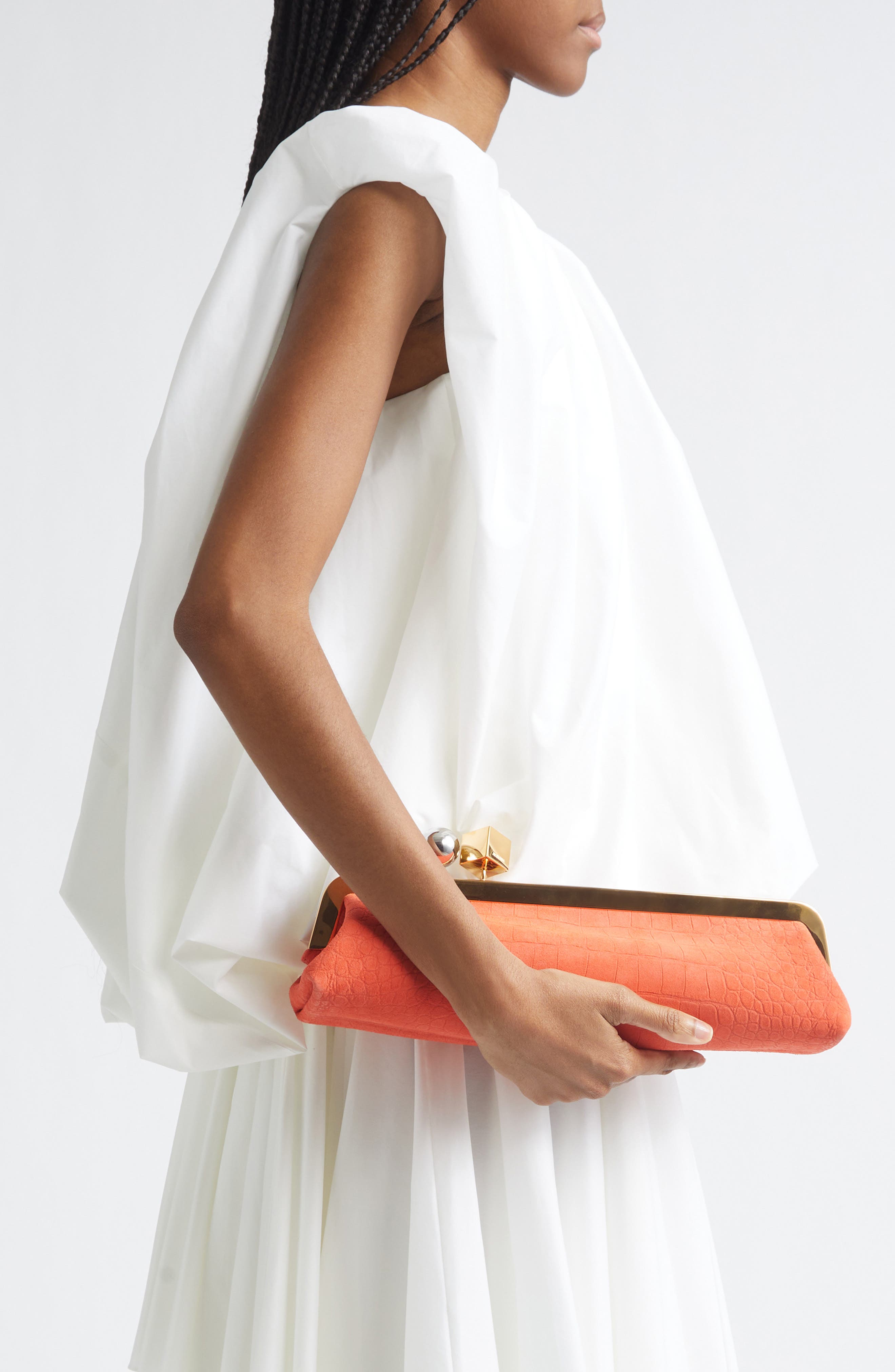 Jacquemus La Pochette Salon Croc Embossed Suede Clutch, Alternate, color, Red Orange 477