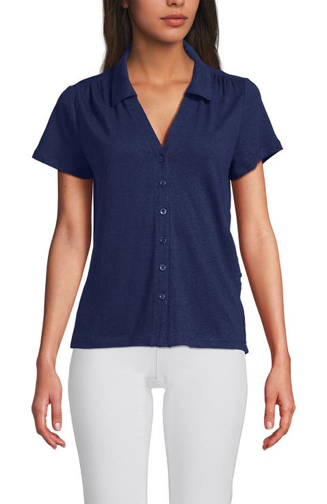 Linen Blend Short Sleeve Button Front Polo Top